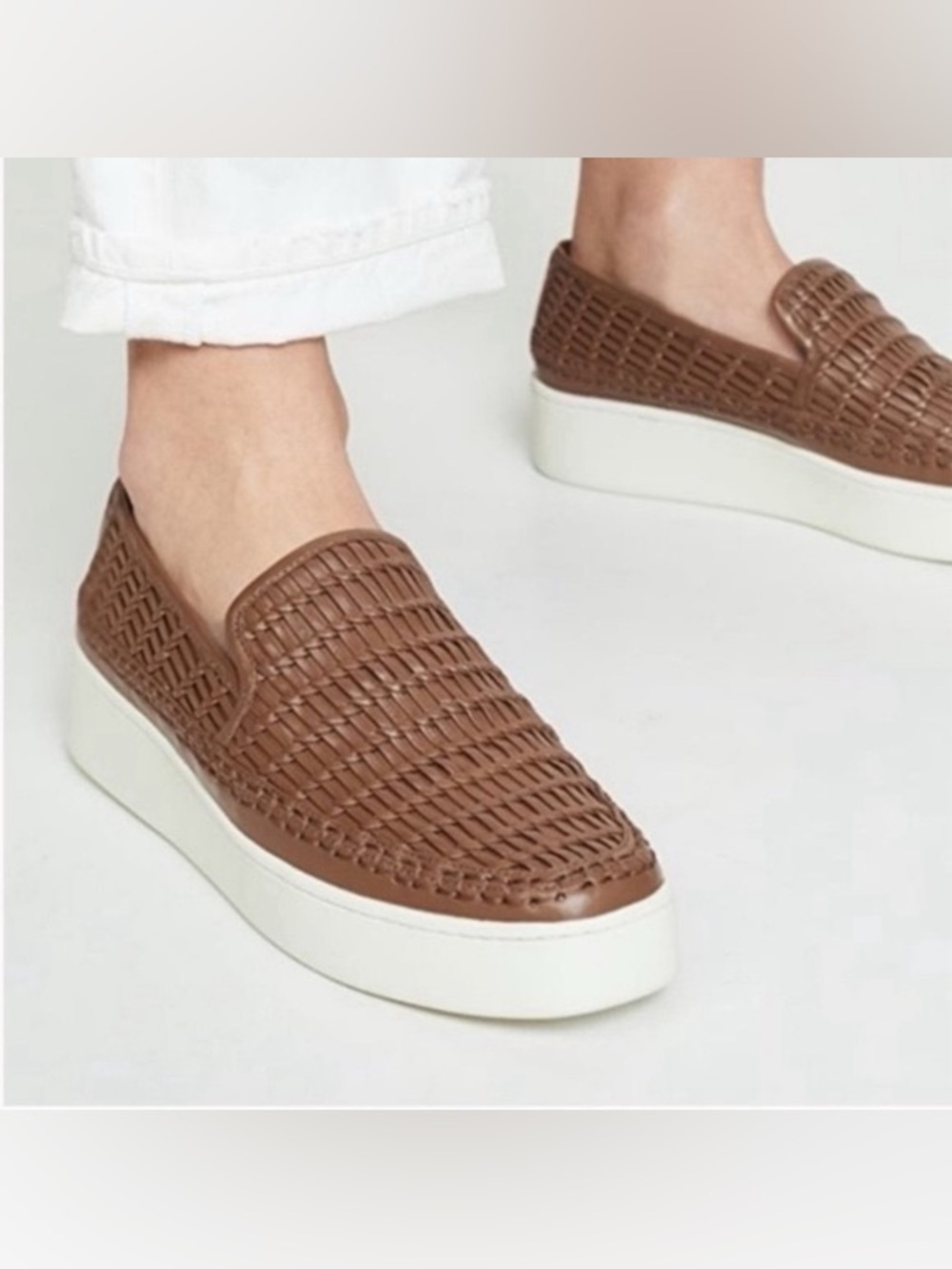 Vince Stafford women's woven leather platform slip-on sneakers tan brown 36.5